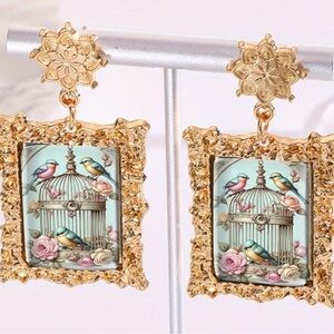 Elegant Gold Birdcage Earrings with Floral Design